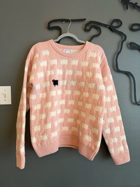 Warm & Wonderful XL 100% Wool Pink and White Sheep Crewneck Sweater London